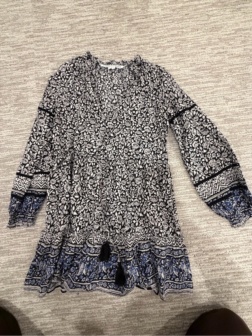 Veronica Beard Navy, White and Blue Floral Tiered V-Neck Dress